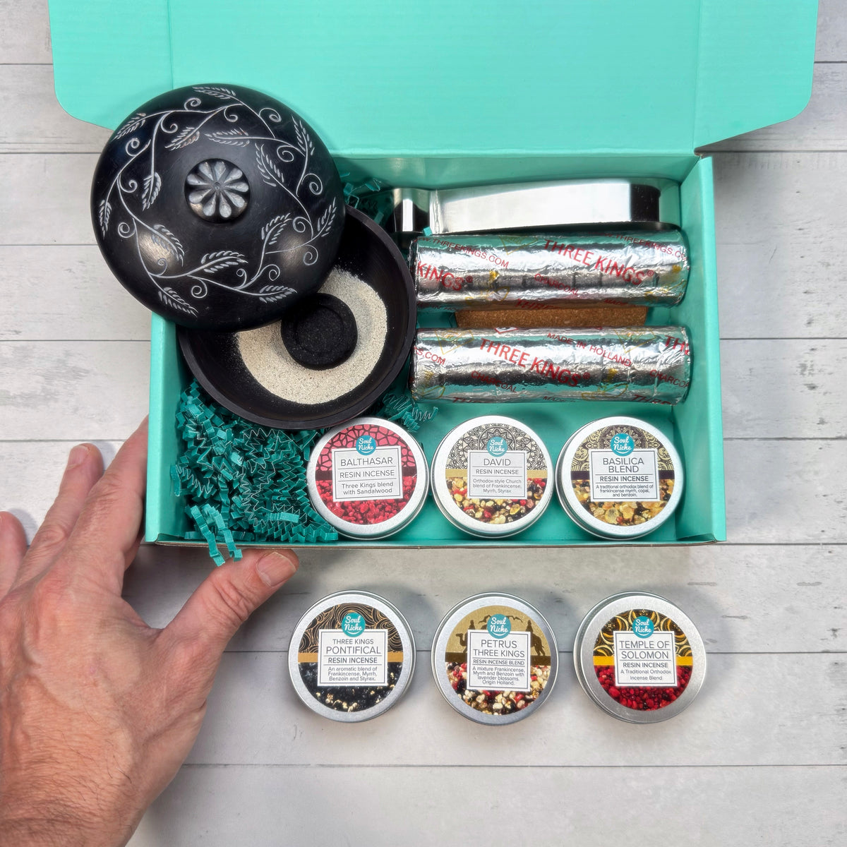 Three Kings Church Incense Resin Kit — 6 Incenses, Soapstone Burner, Charcoal & Accessories
