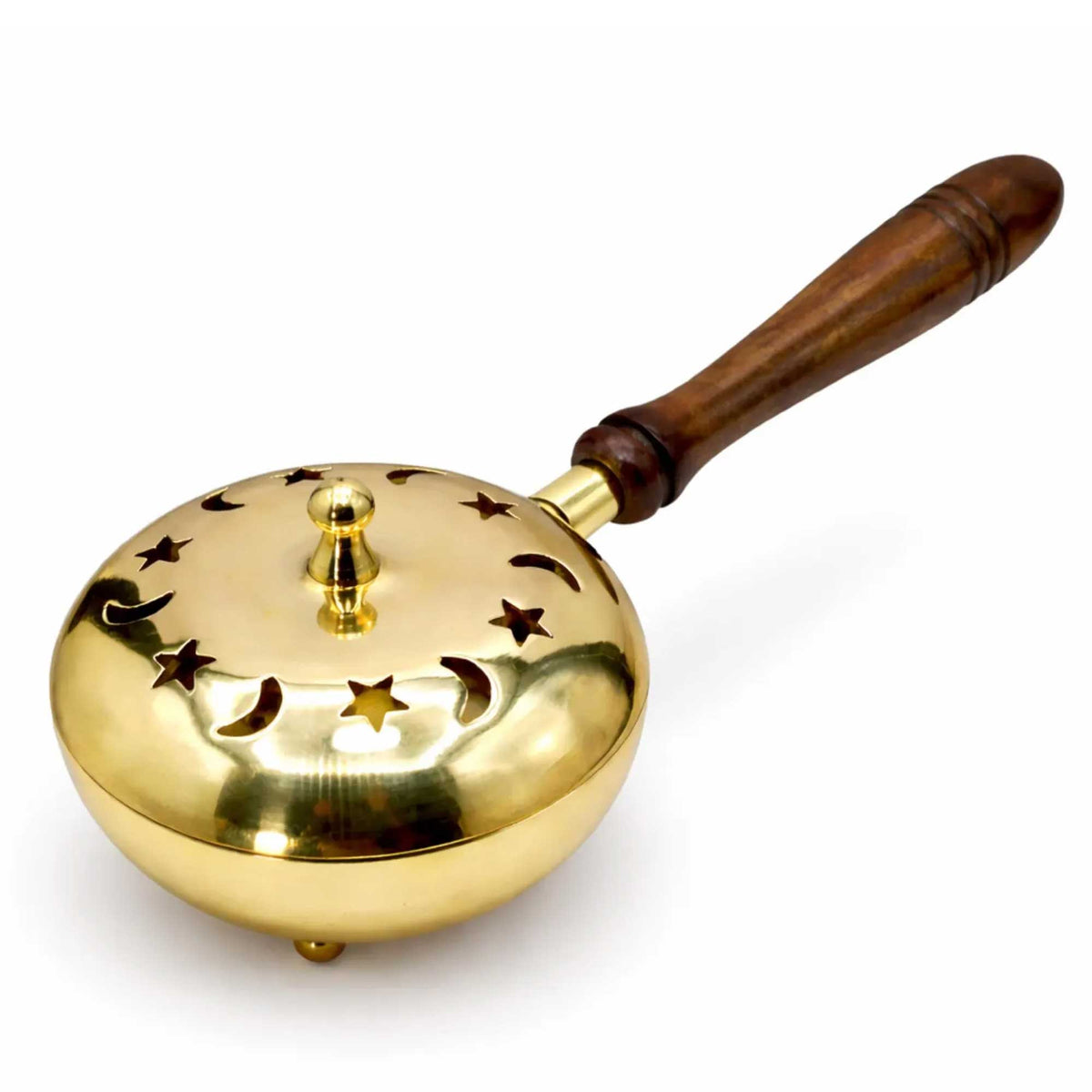 Brass Censer Charcoal Incense Burner w/ Wooden Handle - Moon & Star