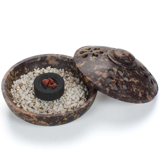 Soapstone Charcoal Incense Burner Bowl w/ Lid 4"