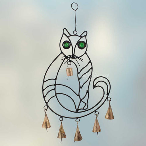 Cat Wind Chime with Rustic Bells & Glass Eyes