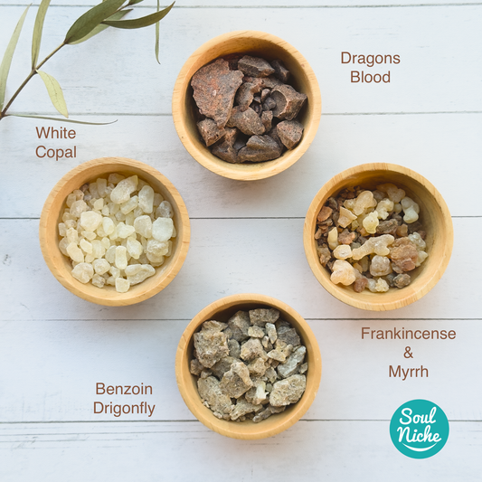 "Essential Mini Sampler" Resin Incense - Benzoin, Copal, Dragon's Blood, Frankincense & Myrrh - 4 Pack
