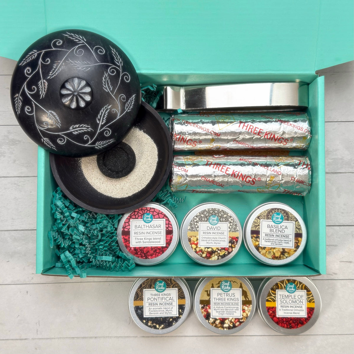 Three Kings Church Incense Resin Kit — 6 Incenses, Soapstone Burner, Charcoal & Accessories