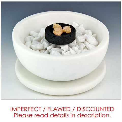 **IMPERFECT FLAWED DISCOUNTED** White Opal Marble Charcoal Incense Burner Bowl w/ Coaster 5"