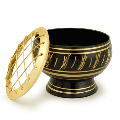 Black Brass Charcoal Incense Burner w/ Wooden Coast (2.5" Medium)