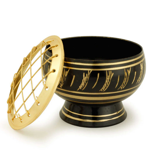 Black Brass Charcoal Incense Burner w/ Wooden Coast (2.5" Medium)