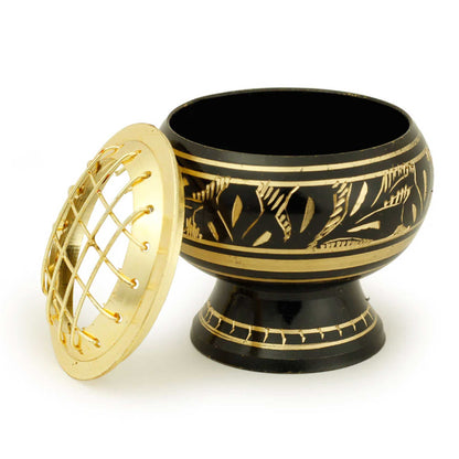 Black Brass Charcoal Incense Burner w/ Wooden Coast (2" Small)