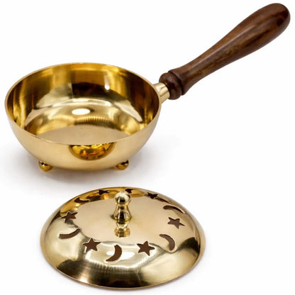 Brass Censer Charcoal Incense Burner w/ Wooden Handle - Moon & Star