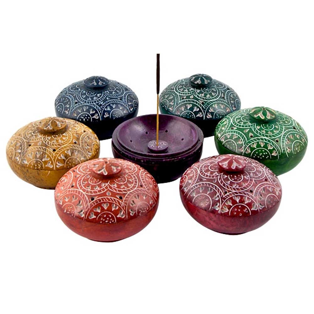 Small Chakra Color Soapstone Charcoal Incense Burner Bowl w/ Lid