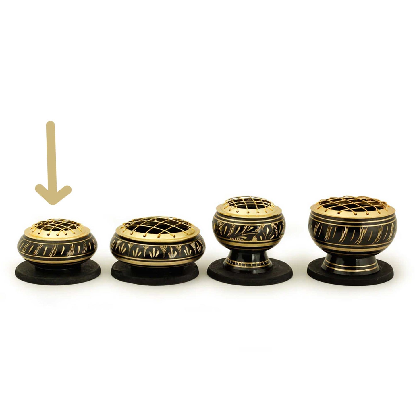 Low Base Black Brass Charcoal Incense Burner w/ Wooden Coast (2.25" Small)