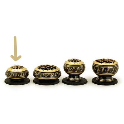 Low Base Black Brass Charcoal Incense Burner w/ Wooden Coast (2.25" Small)