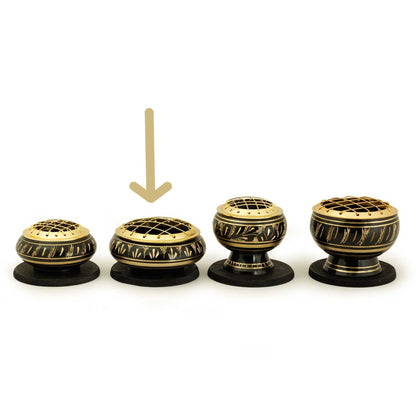 Low Base Black Brass Charcoal Incense Burner w/ Wooden Coast (2.75" Medium)
