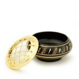 Low Base Black Brass Charcoal Incense Burner w/ Wooden Coast (2.25" Small)