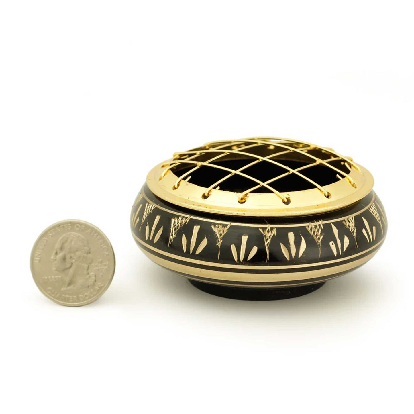Low Base Black Brass Charcoal Incense Burner w/ Wooden Coast (2.75" Medium)