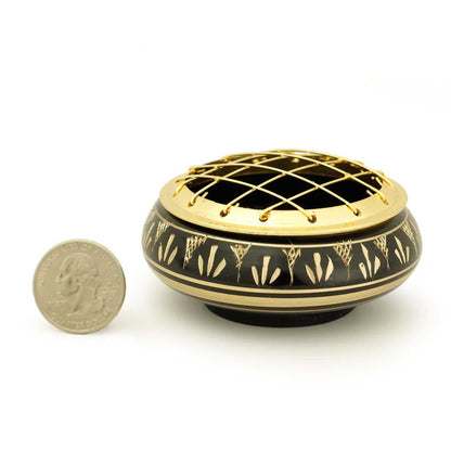 Low Base Black Brass Charcoal Incense Burner w/ Wooden Coast (2.75" Medium)