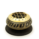 Low Base Black Brass Charcoal Incense Burner w/ Wooden Coast (2.25" Small)