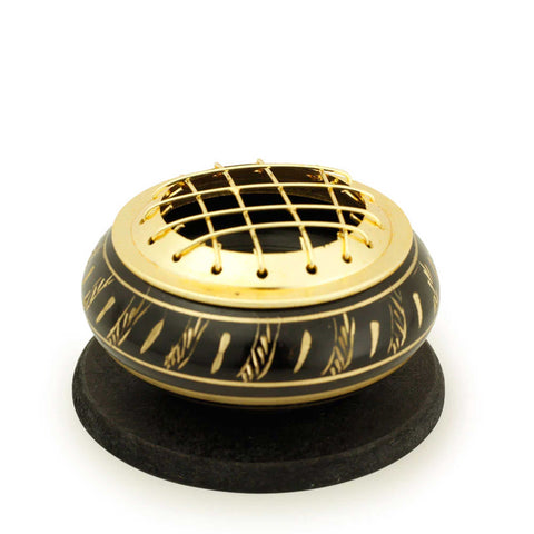 Low Base Black Brass Charcoal Incense Burner w/ Wooden Coast (2.25" Small)