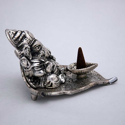 Silver Ganesh Leaf Cone Incense Burner 3"
