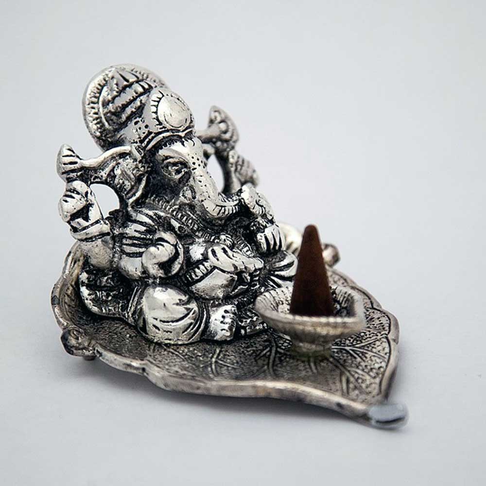 Silver Ganesh Leaf Cone Incense Burner 3"