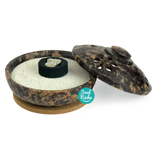 Soapstone Charcoal Incense Burner Bowl w/ Lid 4"