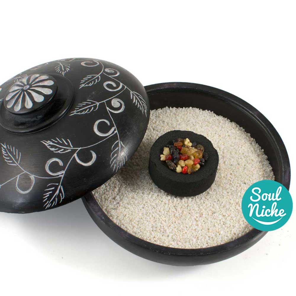 Black Soapstone Charcoal Incense Burner Bowl w/ Lid 4"