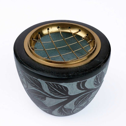 Floral Carved Soapstone Screen Charcoal Incense Burner 2.5"
