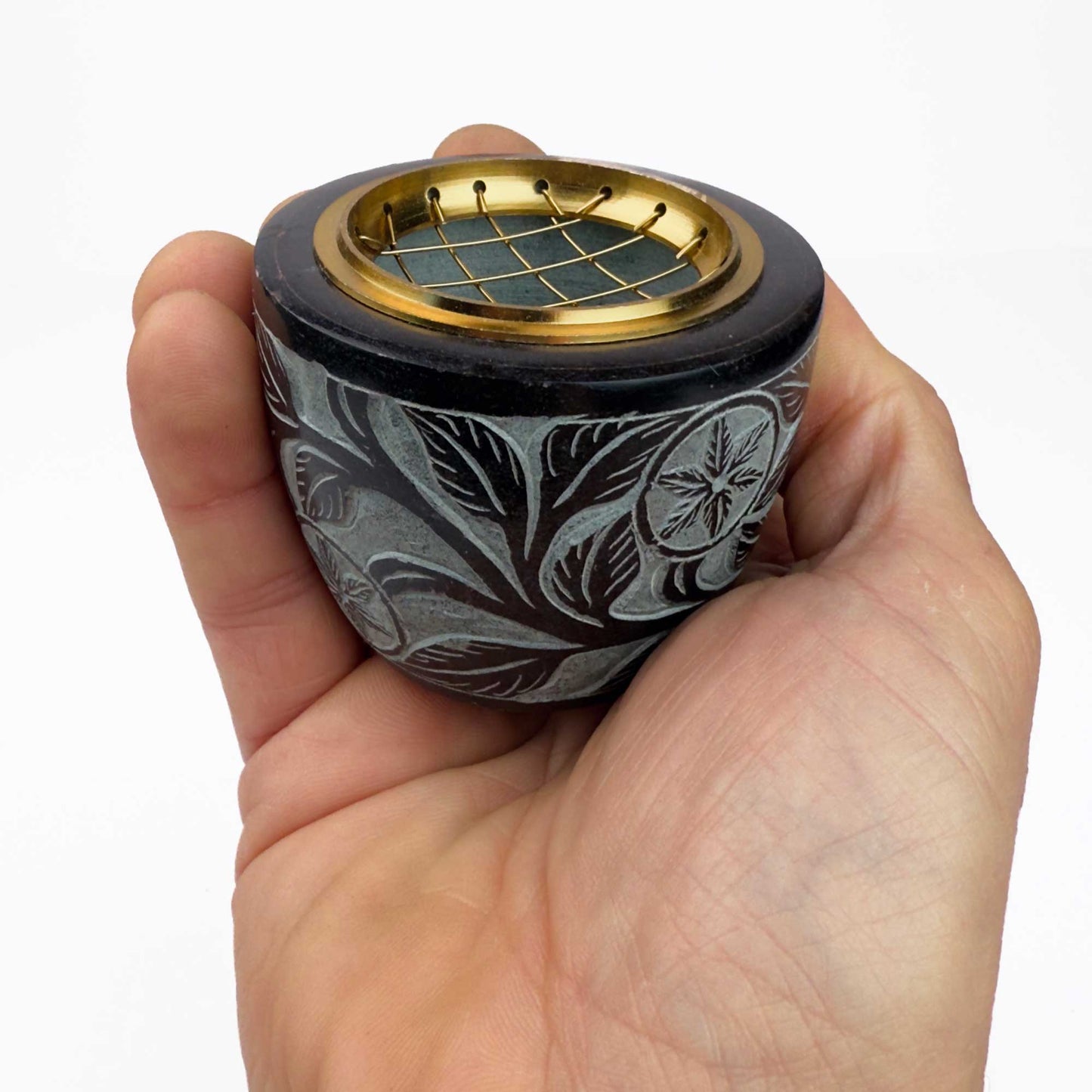 Floral Carved Soapstone Screen Charcoal Incense Burner 2.5"