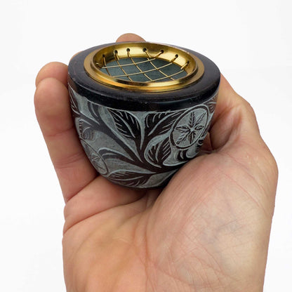 Floral Carved Soapstone Screen Charcoal Incense Burner 2.5"