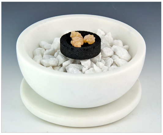 Opal White Marble Charcoal Incense Burner Bowl w/ Coaster 5"