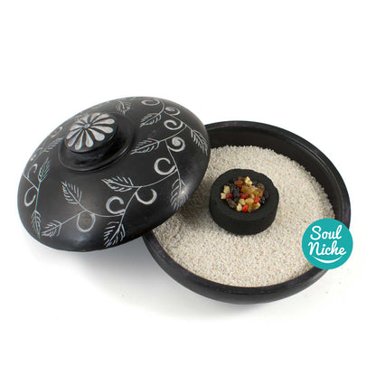 Black Soapstone Charcoal Incense Burner Bowl w/ Lid 4"