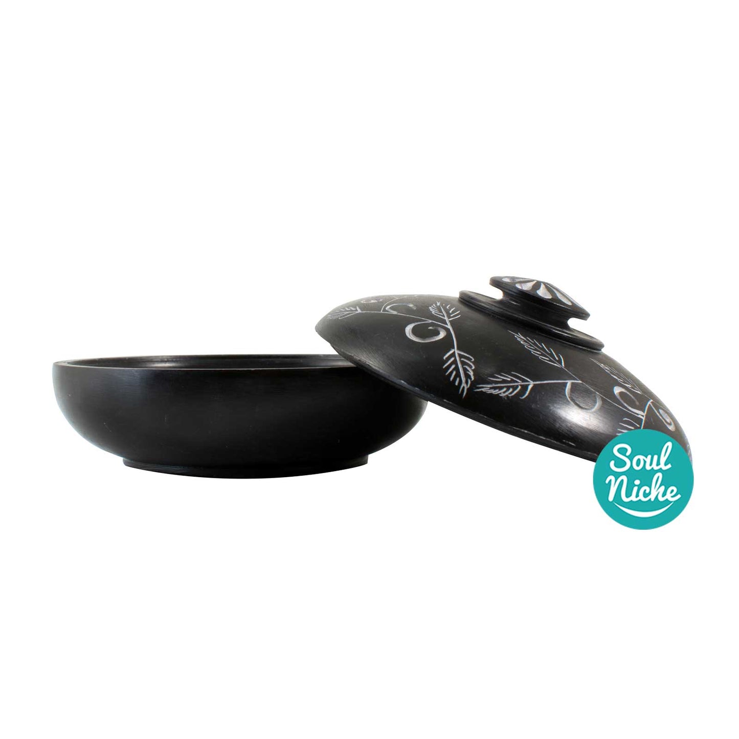 Black Soapstone Charcoal Incense Burner Bowl w/ Lid 4"