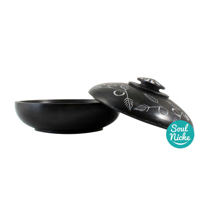 Black Soapstone Charcoal Incense Burner Bowl w/ Lid 4"