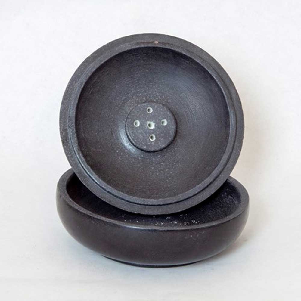 Black Soapstone Charcoal Incense Burner Bowl w/ Lid 4"