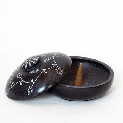 Black Soapstone Charcoal Incense Burner Bowl w/ Lid 4"