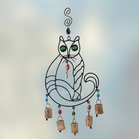 Cat Wind Chime with Glass Eyes & Colorful Beads